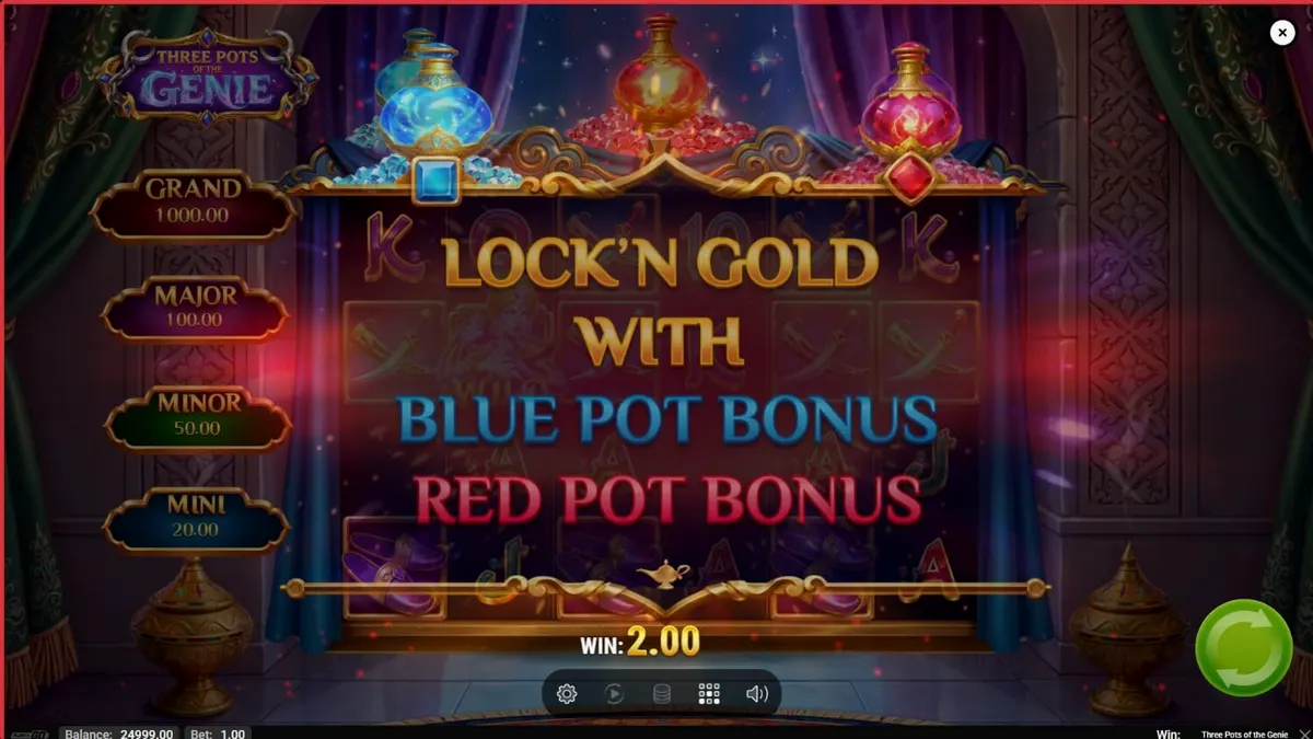 Three Pots of the Genie slot machine interface na may Arabian theme